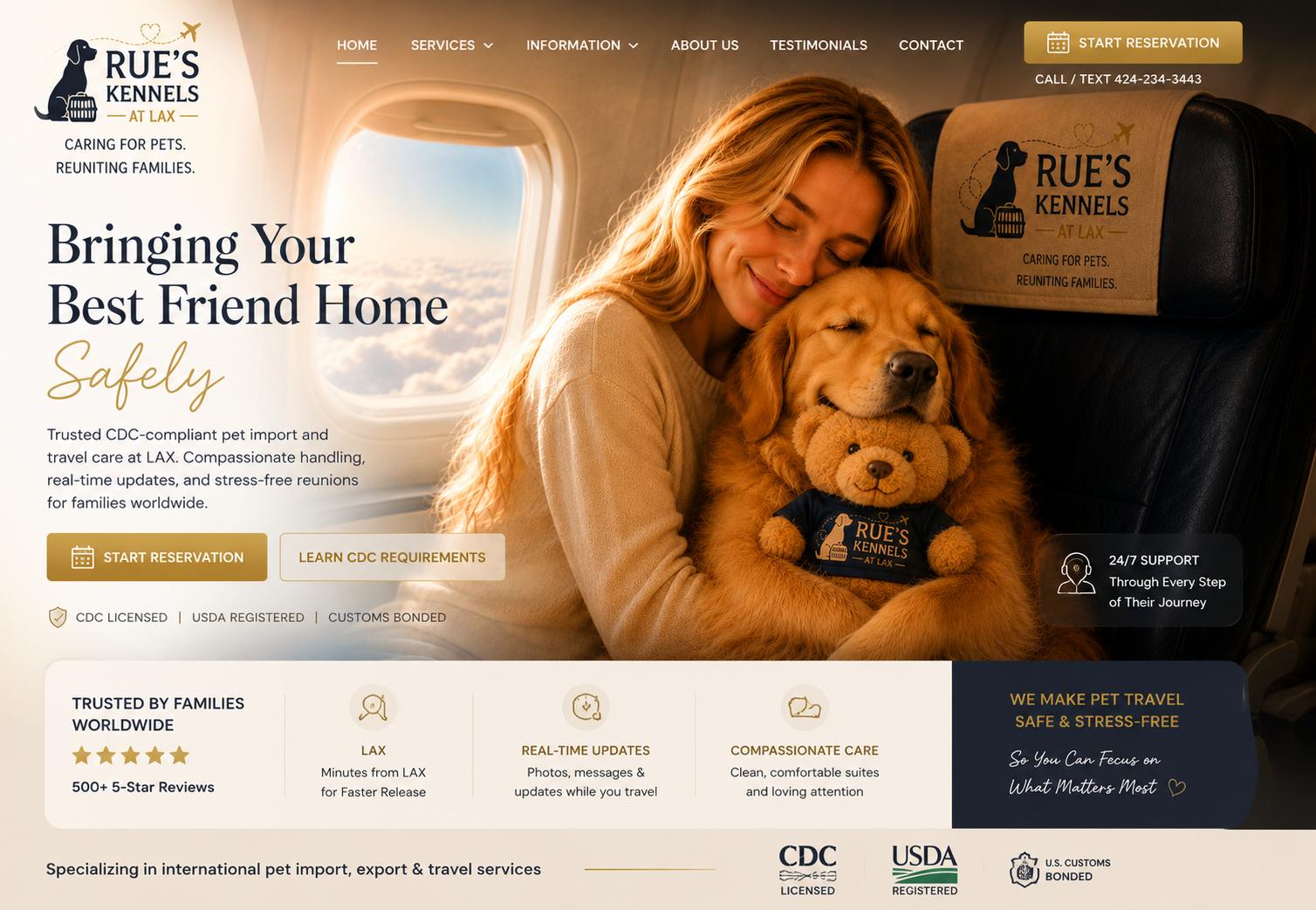 Family member hugging her golden retriever in flight